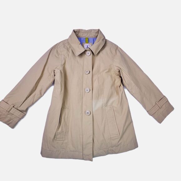 Lands' End Girl’s Khaki Trench Coat M 5-6 Single Breasted Inverted Pleat Lined - Picture 1 of 12